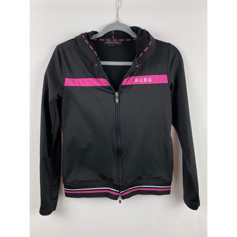 BCBGMaxazria Track Jacket Womens Small Black Pink Striped Logo Zip Y2K Sporty
